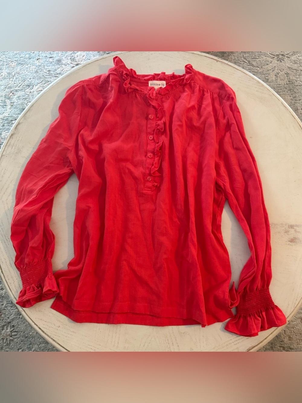 Stitch & Co. Red Tencel and Linen Ruffled Smocked Top Shirt Sz 1X